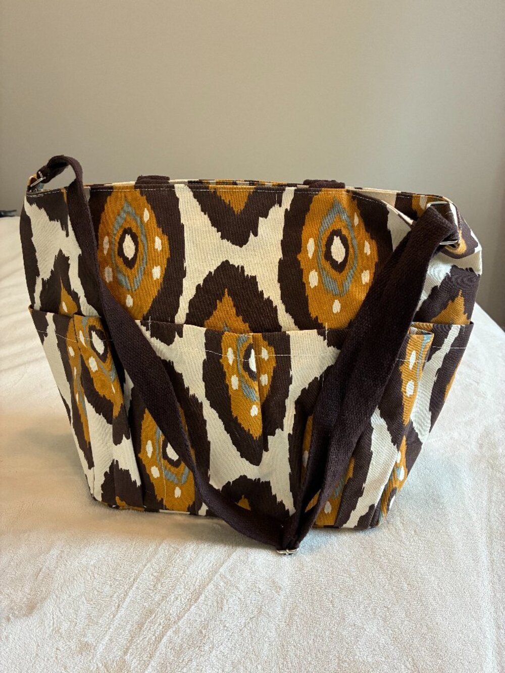 Rock Flower Paper Canvas Tote Bag Shoulder Bag Multi Pocket Brown Mustard